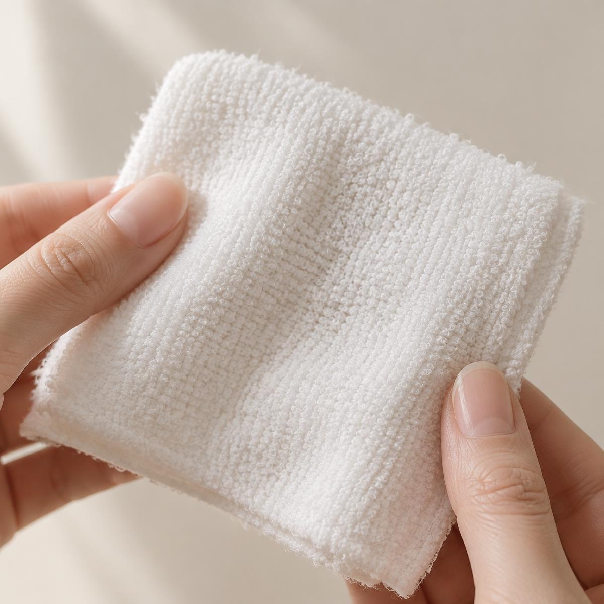 Close-up of a soft, lightly textured white RITU face towel held between two fingers